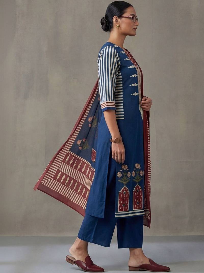 floral embroidered straight cotton kurta & trousers sets