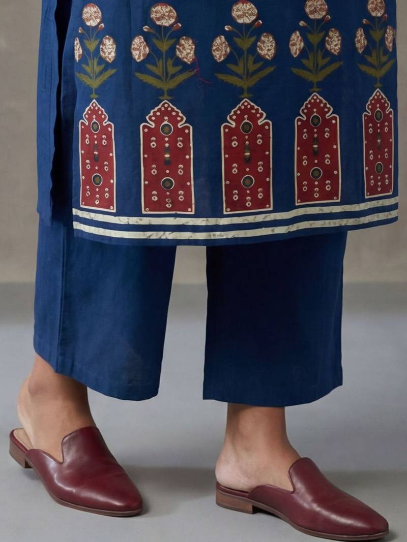 floral embroidered straight cotton kurta & trousers sets