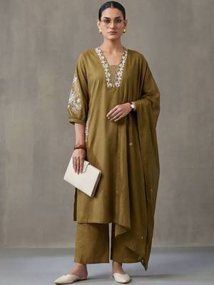 floral embroidered a-line cotton kurta & trousers sets 1