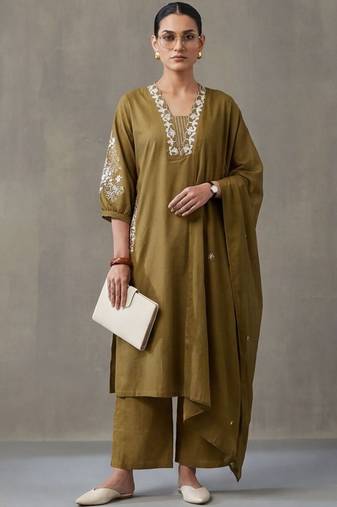 floral embroidered a-line cotton kurta & trousers sets
