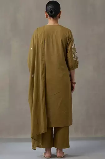 floral embroidered a-line cotton kurta & trousers sets