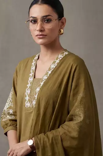floral embroidered a-line cotton kurta & trousers sets