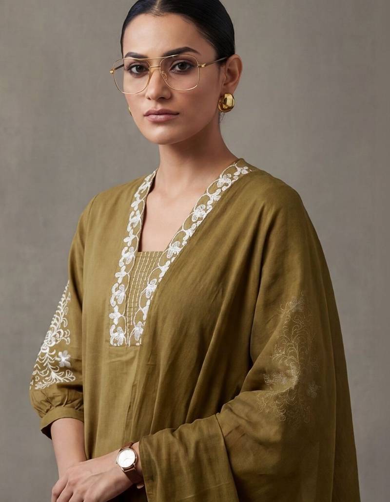 floral embroidered a-line cotton kurta & trousers sets