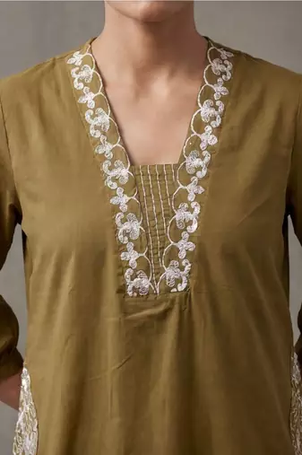 floral embroidered a-line cotton kurta & trousers sets