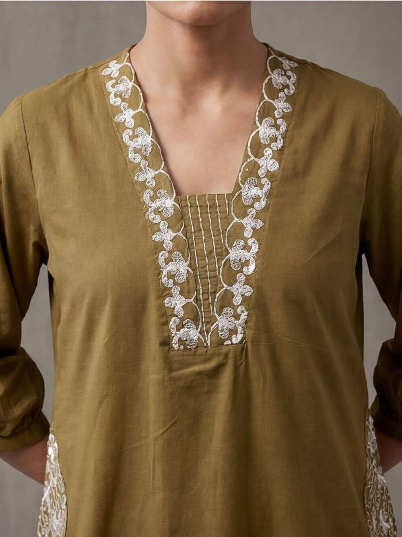 floral embroidered a-line cotton kurta & trousers sets