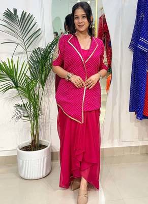Bold pink blazer with drape skirt 2