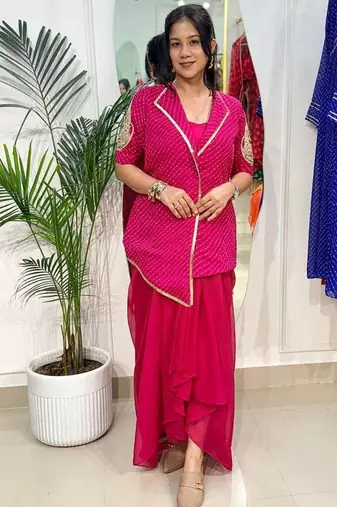 Bold pink blazer with drape skirt