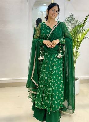 Emerald bandhej suit with umbrella flare plazzo 1