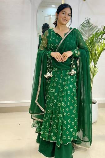 Emerald bandhej suit with umbrella flare plazzo