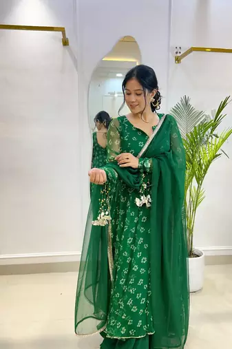 Emerald bandhej suit with umbrella flare plazzo