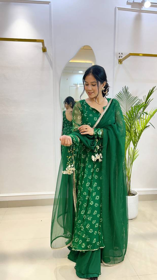Emerald bandhej suit with umbrella flare plazzo