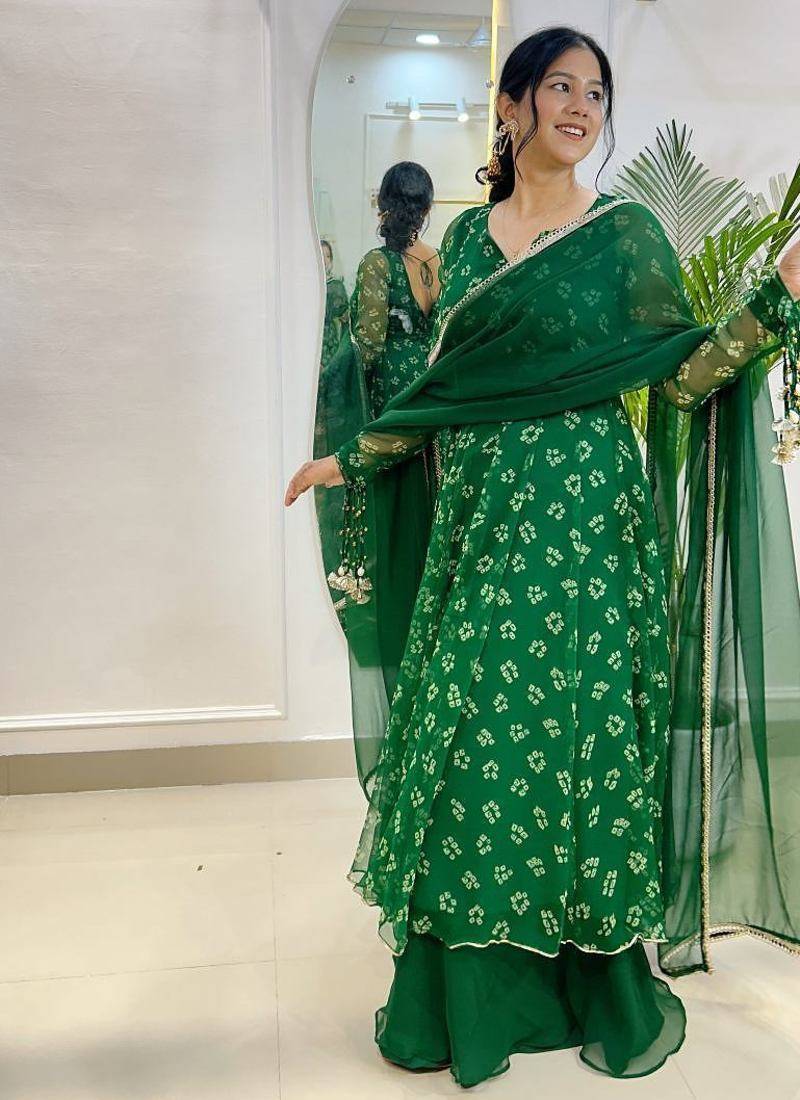 Emerald bandhej suit with umbrella flare plazzo