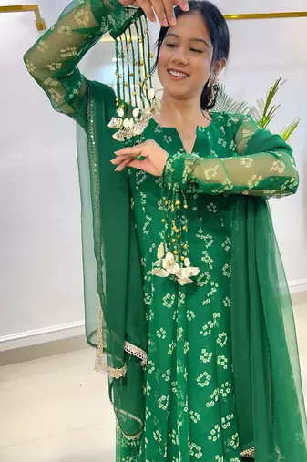 Emerald bandhej suit with umbrella flare plazzo