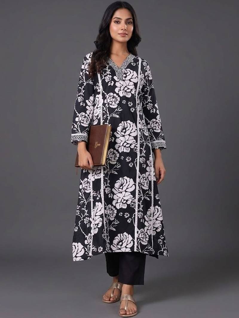 formal women floral printed panelled cotton kurta with trousers