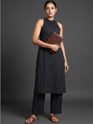 smart women striped regular silk crepe kurta with trousers 1
