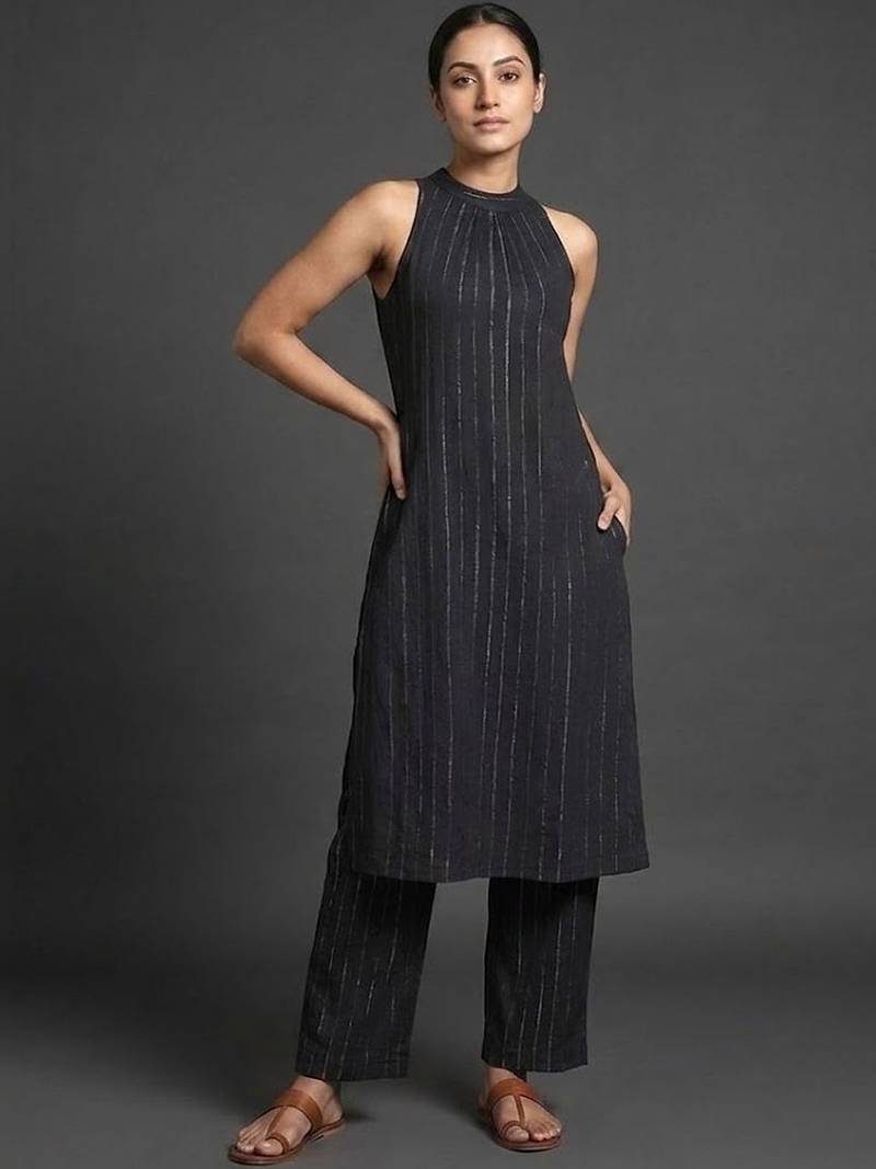 smart women striped regular silk crepe kurta with trousers