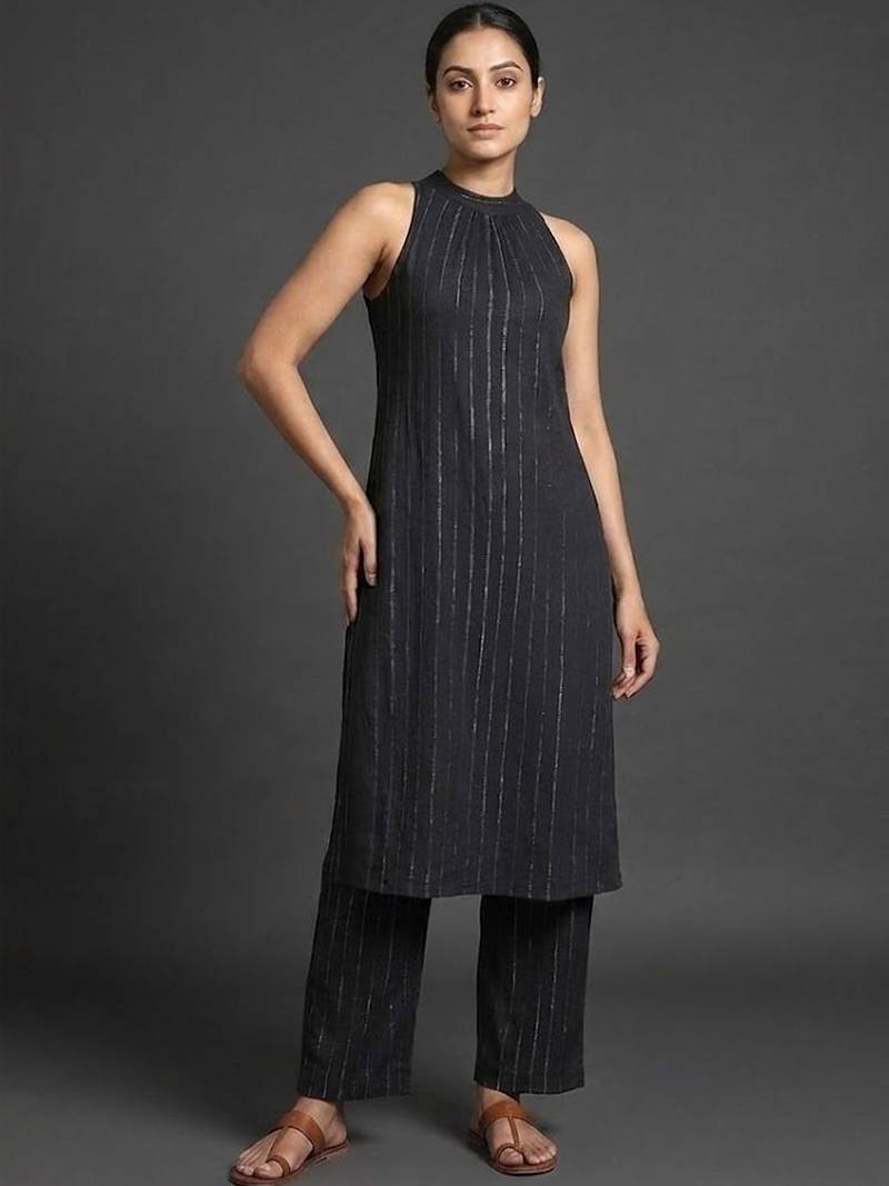 smart women striped regular silk crepe kurta with trousers