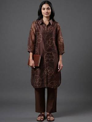 tailored women floral printed regular chanderi silk kurta with trousers 1