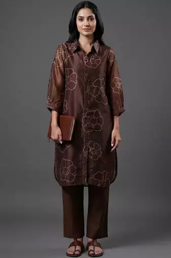 tailored women floral printed regular chanderi silk kurta with trousers