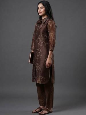 tailored women floral printed regular chanderi silk kurta with trousers 2