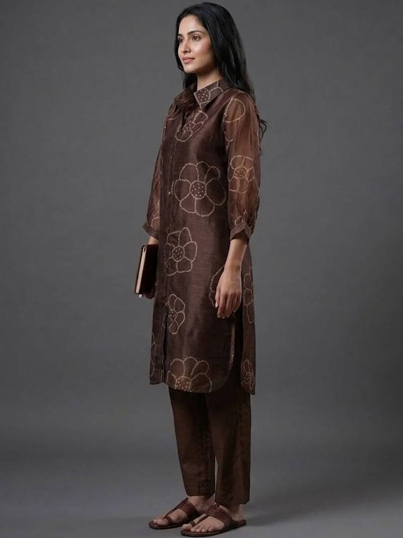 tailored women floral printed regular chanderi silk kurta with trousers