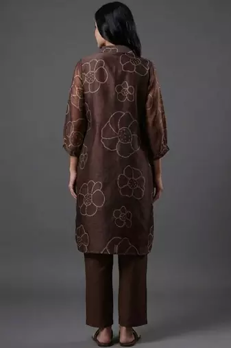 tailored women floral printed regular chanderi silk kurta with trousers