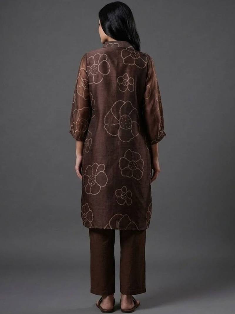 tailored women floral printed regular chanderi silk kurta with trousers