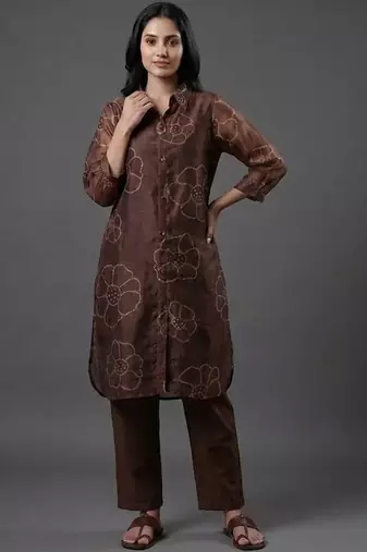 tailored women floral printed regular chanderi silk kurta with trousers