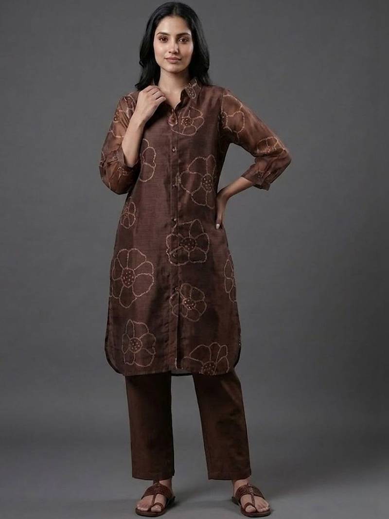 tailored women floral printed regular chanderi silk kurta with trousers
