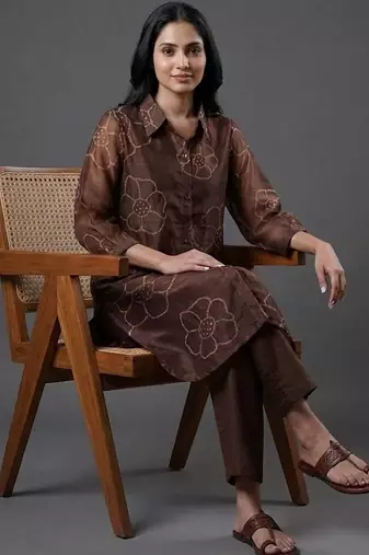 tailored women floral printed regular chanderi silk kurta with trousers