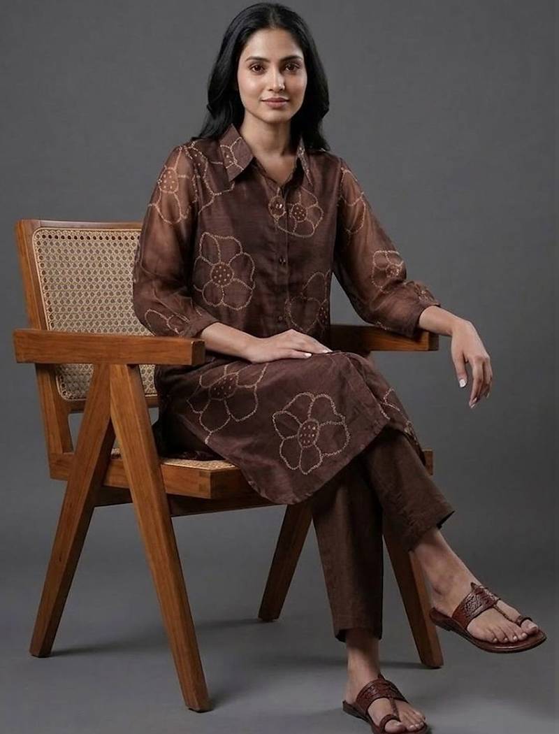 tailored women floral printed regular chanderi silk kurta with trousers