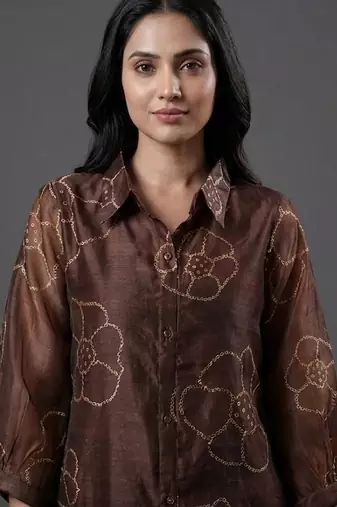 tailored women floral printed regular chanderi silk kurta with trousers