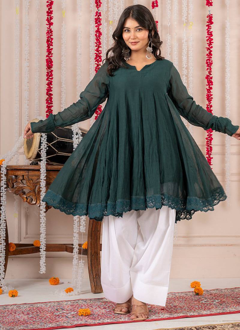Emerald green crinkled peplum kurta set