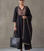 floral embroidered a-line cotton kurta & trousers sets