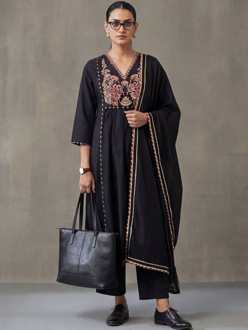 floral embroidered a-line cotton kurta & trousers sets