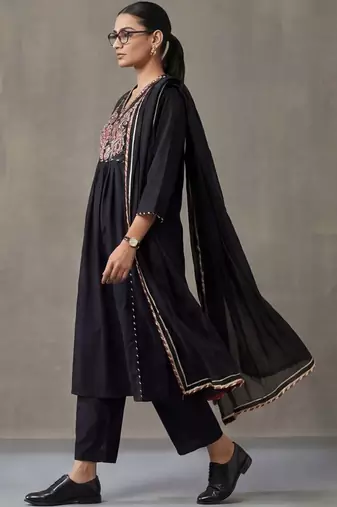 floral embroidered a-line cotton kurta & trousers sets