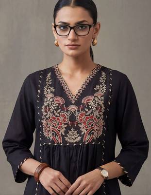 floral embroidered a-line cotton kurta & trousers sets 5