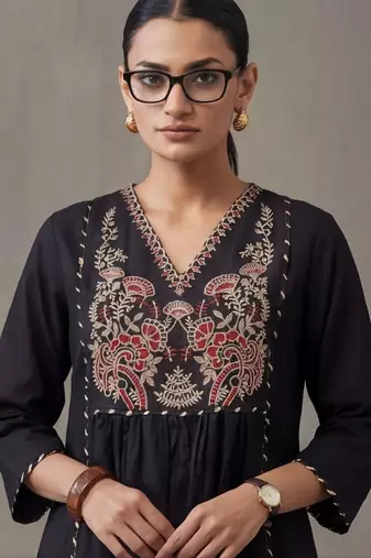 floral embroidered a-line cotton kurta & trousers sets