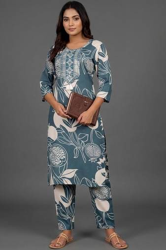 formal women floral printed regular thread work kurta with trousers