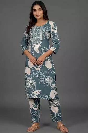 formal women floral printed regular thread work kurta with trousers