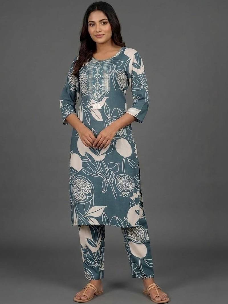 formal women floral printed regular thread work kurta with trousers