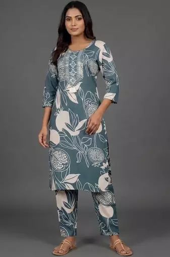 formal women floral printed regular thread work kurta with trousers