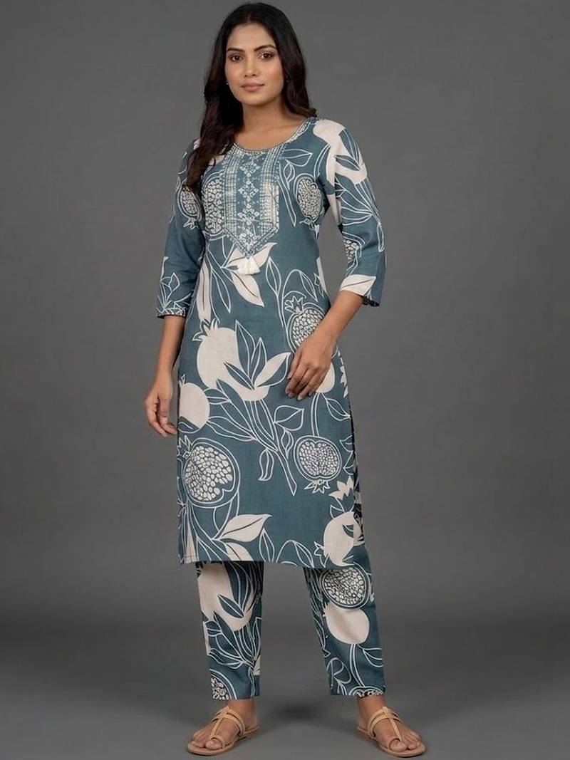 formal women floral printed regular thread work kurta with trousers