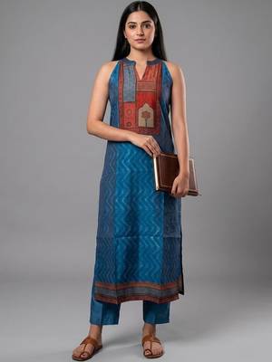 contemporary formal women ethnic motifs printed regular chanderi silk kurta with trousers 1