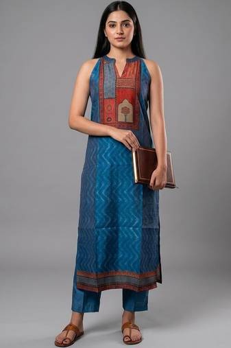 contemporary formal women ethnic motifs printed regular chanderi silk kurta with trousers