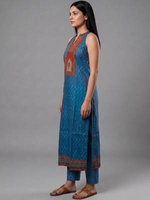 contemporary formal women ethnic motifs printed regular chanderi silk kurta with trousers 2