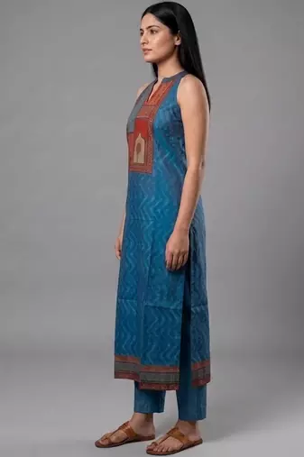 contemporary formal women ethnic motifs printed regular chanderi silk kurta with trousers