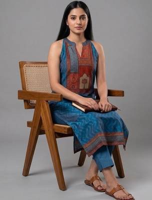 contemporary formal women ethnic motifs printed regular chanderi silk kurta with trousers 4