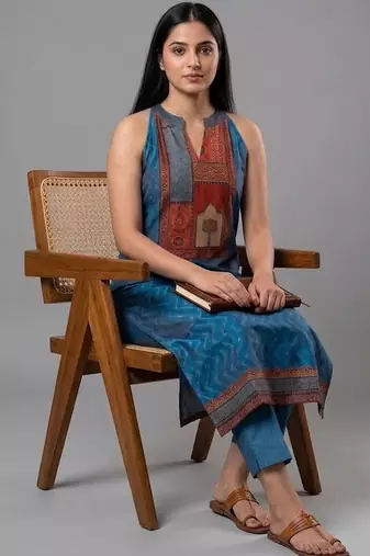 contemporary formal women ethnic motifs printed regular chanderi silk kurta with trousers