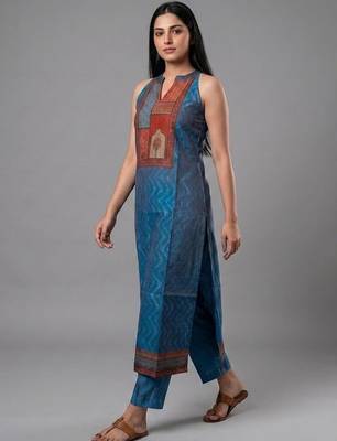 contemporary formal women ethnic motifs printed regular chanderi silk kurta with trousers 5
